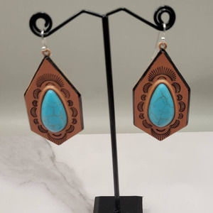 Stamped Leather Turquoise Stone Dangle Western Southwestern Earrings